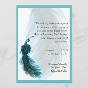 Teal Blue Peacock Plume New Years Eve Invitation