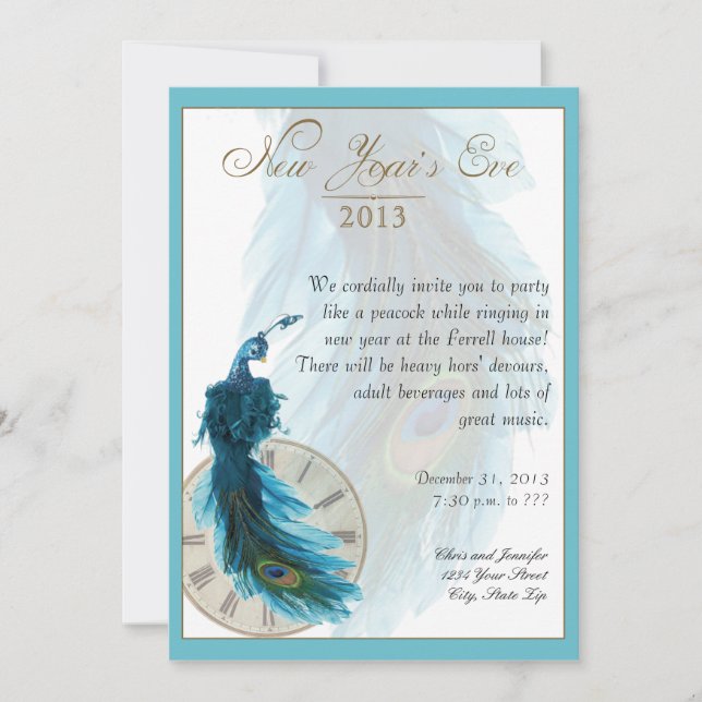 Teal Blue Peacock Plume New Years Eve Invitation (Front)
