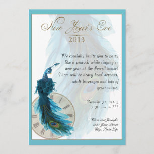 Teal Blue Peacock Plume New Years Eve Invitation