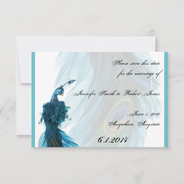 Teal Blue Peacock Plume Save the Date (Front)