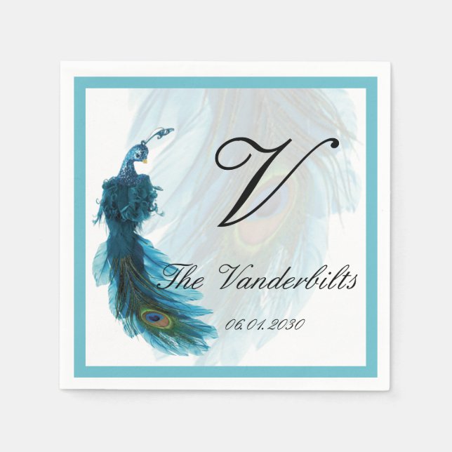 Teal Blue Peacock Plume Wedding Napkin (Front)