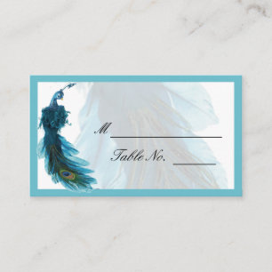 Teal Blue Peacock Plume Wedding Place Card