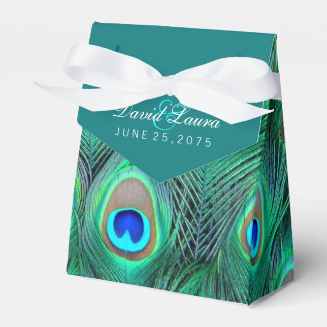 Teal Blue Peacock Wedding Favor Box (Front Side)