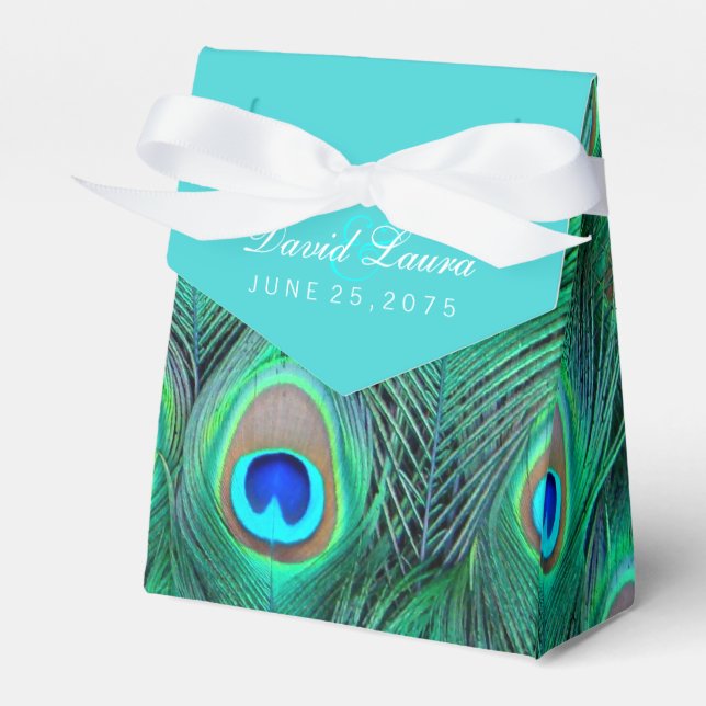 Teal Blue Peacock Wedding Favor Box (Front Side)