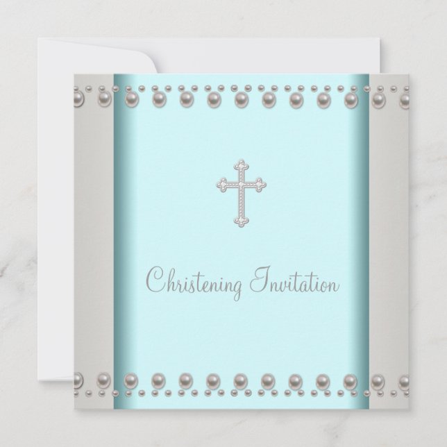 Teal Blue Pearl Cross Baby Baptism Christening Invitation (Front)