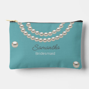 Teal Blue Pearl Necklace  Accessory Pouch