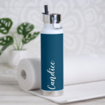 Teal Blue Personalized Wedding Bridesmaid Water Bottle<br><div class="desc">Gift your wedding bridesmaid or maid of honour with this trendy, vacuum Insulated water bottle that features her name in white, stylized script on a teal blue colour background designed to match your wedding colour scheme. Personalize bottle by editing and replacing name with your own as desired. Select your water...</div>