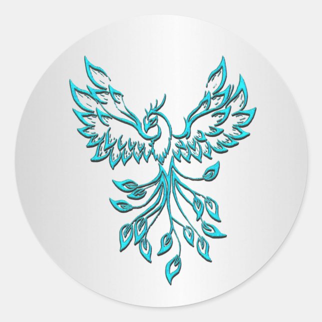 Teal Blue Phoenix on Silver Classic Round Sticker (Front)