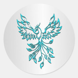 Teal Blue Phoenix on Silver Classic Round Sticker