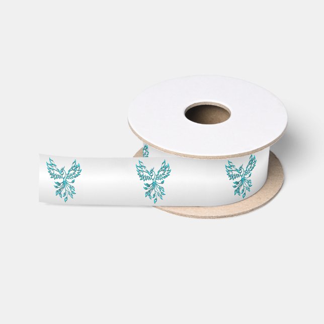 Teal Blue Phoenix on Silver Satin Ribbon (Spool)
