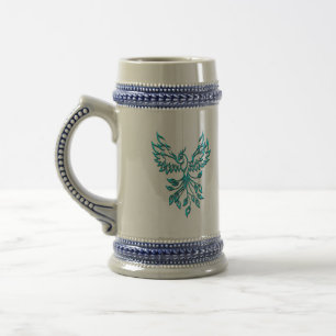 Teal Blue Phoenix Rises on Silver Beer Stein
