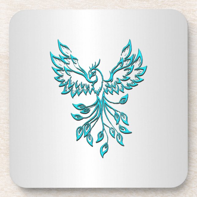 Teal Blue Phoenix Rises on Silver Coaster (Front)