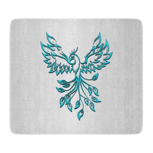 Teal Blue Phoenix Rises on Silver Cutting Board (Front)