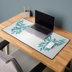 Teal Blue Phoenix Rises on Silver Desk Mat