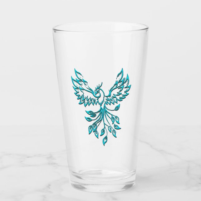 Teal Blue Phoenix Rises on Silver Glass (Front)