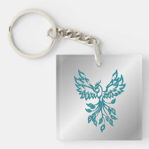 Teal Blue Phoenix Rises on Silver Keychain
