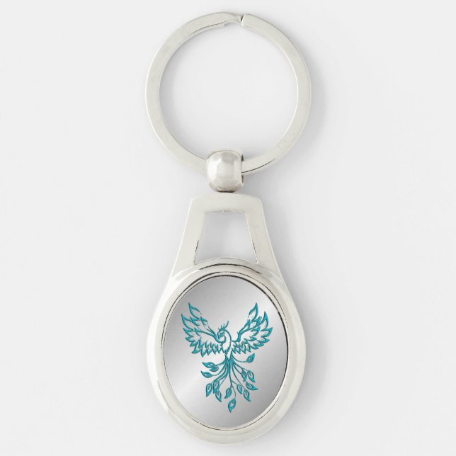 Teal Blue Phoenix Rises on Silver Keychain (Front)