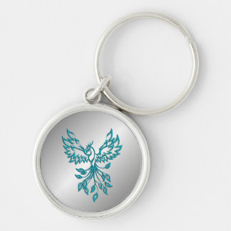 Teal Blue Phoenix Rises on Silver Keychain