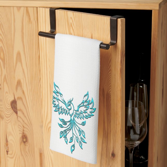 Teal Blue Phoenix Rises on Silver Kitchen Towel (Thirds Fold)