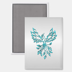 Teal Blue Phoenix Rises on Silver Magnet