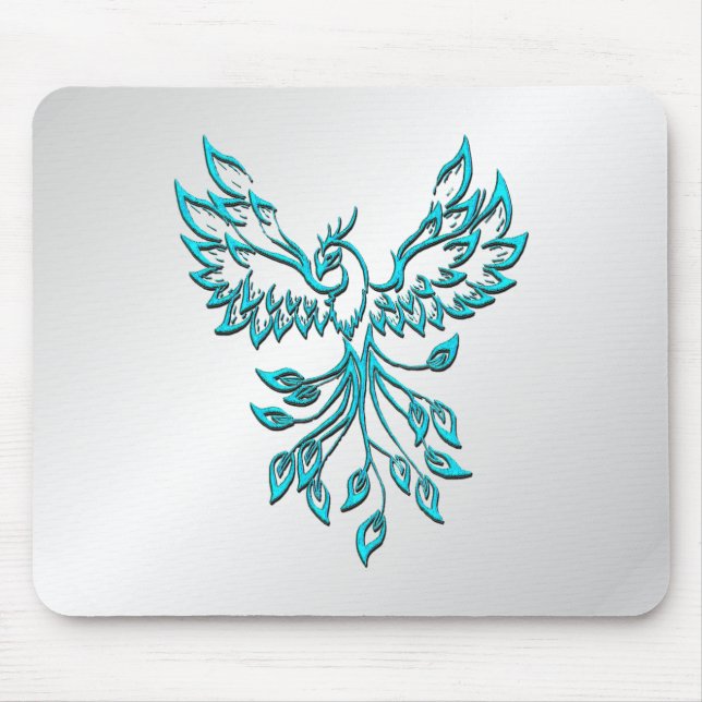 Teal Blue Phoenix Rises on Silver Mouse Pad (Front)