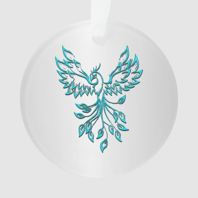 Teal Blue Phoenix Rises on Silver Ornament (Front)