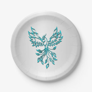 Teal Blue Phoenix Rises on Silver Paper Plate
