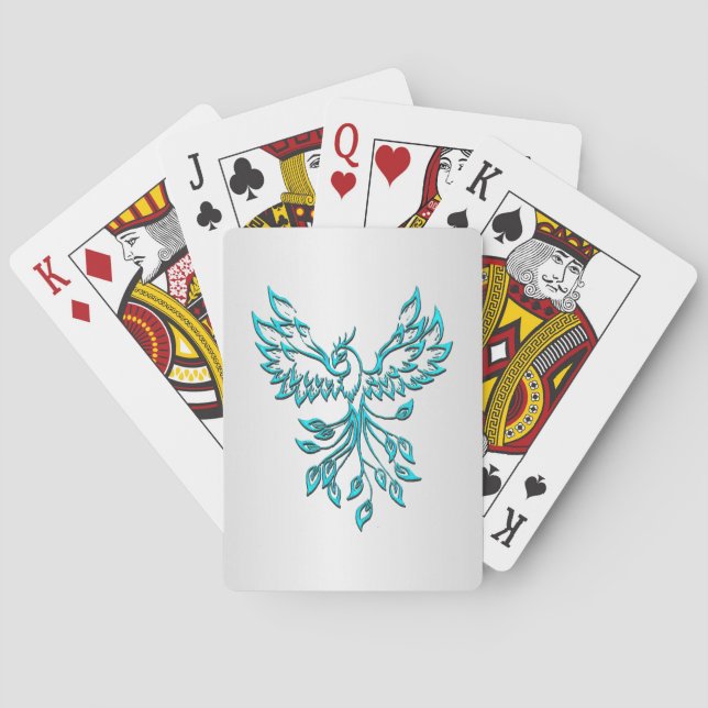 Teal Blue Phoenix Rises on Silver Playing Cards (Back)
