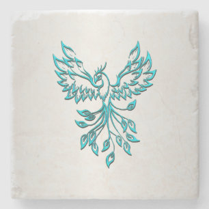 Teal Blue Phoenix Rises on Silver Stone Coaster