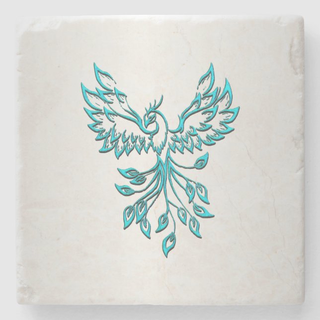Teal Blue Phoenix Rises on Silver Stone Coaster (Front)