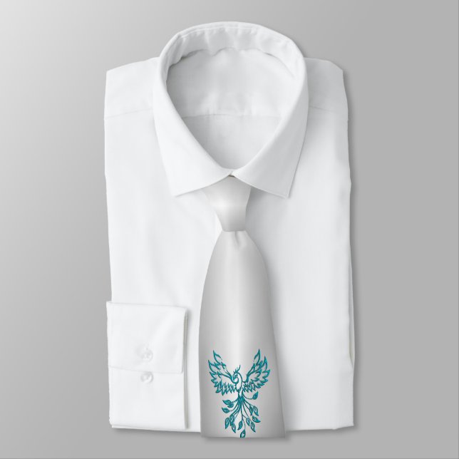 Teal Blue Phoenix Rises on Silver Tie (Tied)