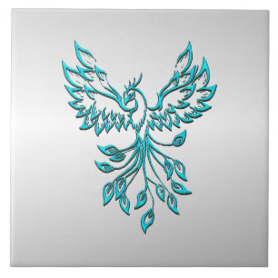 Teal Blue Phoenix Rises on Silver Tile