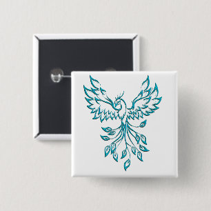 Teal Blue Phoenix Rises on White 2 Inch Square Button