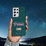 Teal Blue Pink Dream Winged Heart Inspirational Samsung Galaxy Case<br><div class="desc">This pretty phone case will inspire you and those around you to "remember your dreams".  Aged deep teal background with pink typography.  A pink heart with angel wings in tattoo style.  Add your name to make it your own.</div>