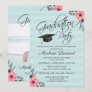 Teal Blue Pink Floral Gold Script Photo Graduation Invitation