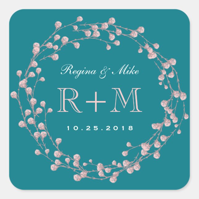 Teal Blue Pink Floral Wreath Wedding Favour Sticke Square Sticker (Front)