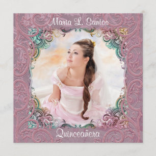 Teal Blue Pink Picture Quinceanera Invitation