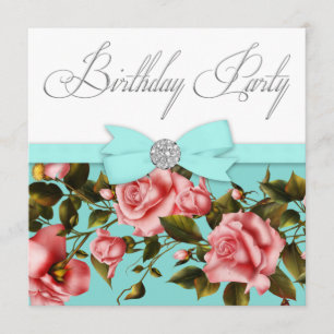 Teal Blue Pink Rose Birthday Party Invitation