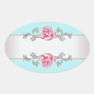 Teal Blue Pink Rose Silver Envelope Seal Sticker