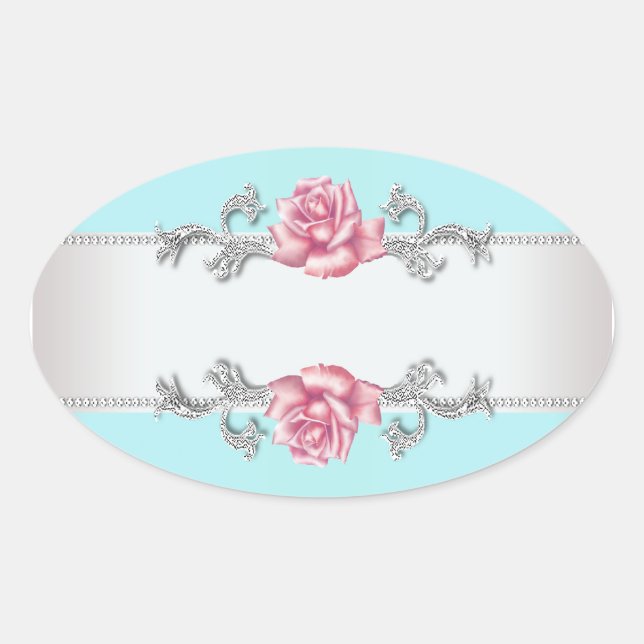 Teal Blue Pink Rose Silver Envelope Seal Sticker (Front)