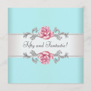 Teal Blue Pink Roses Womans 50th Birthday Party Invitation