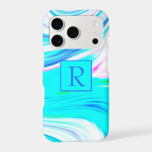 Teal Blue Pink White Abstract Waves Monogram Cute