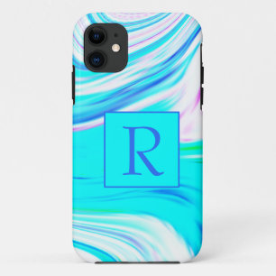 Teal Blue Pink White Abstract Waves Monogram Cute iPhone 11 Case