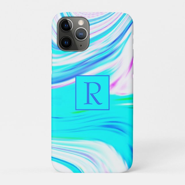 Teal Blue Pink White Abstract Waves Monogram Cute Case-Mate iPhone Case (Back)
