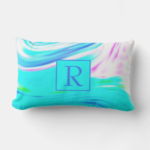 Teal Blue Pink White Abstract Waves Monogram Cute Lumbar Pillow