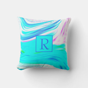 Teal Blue Pink White Abstract Waves Monogram Cute Throw Pillow