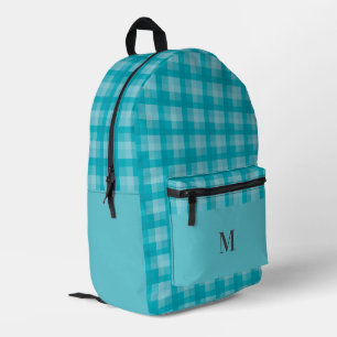 Teal Blue Plaid Checks Personalized Monogram Printed Backpack