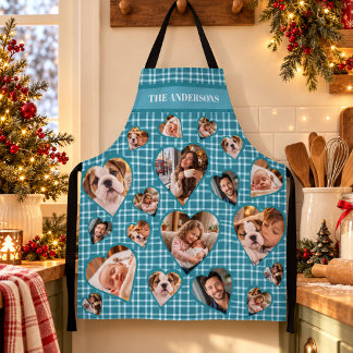 Teal Blue Plaid Family Heart Photo Collage Name Apron
