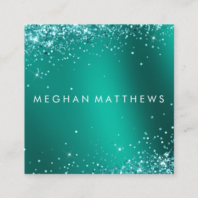 Teal Blue Pretty Sparkles Beauty Makeup Artist Square Business Card (Front)