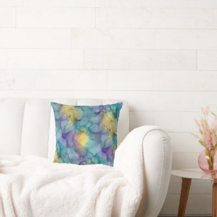 Teal Blue Purple and Soft Yellow Watercolor Marble Throw Pillow